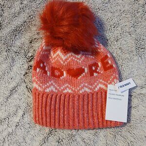 Old Navy Women;s Red Fair Isle Beanie Faux Fur Pom Pom NWT